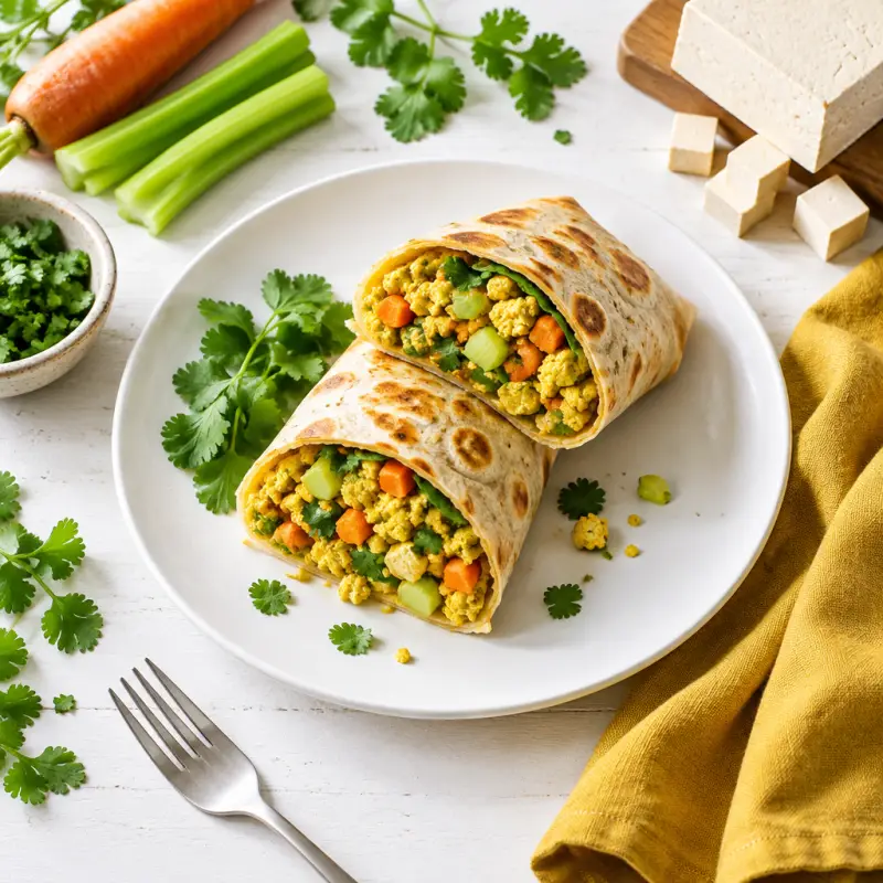 Scrambled Tofu Breakfast Burrito with Carrot, Celery & Cilantro, plated