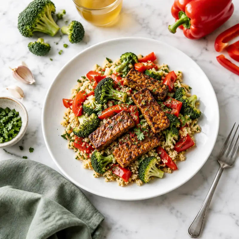 Seared Barbecue Tempeh with Couscous, Broccoli & Bell Pepper, plated