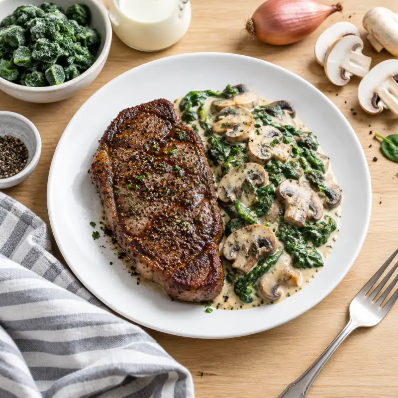 Seared Black Pepper Steak with Creamy Mushroom-Spinach Sauté, plated