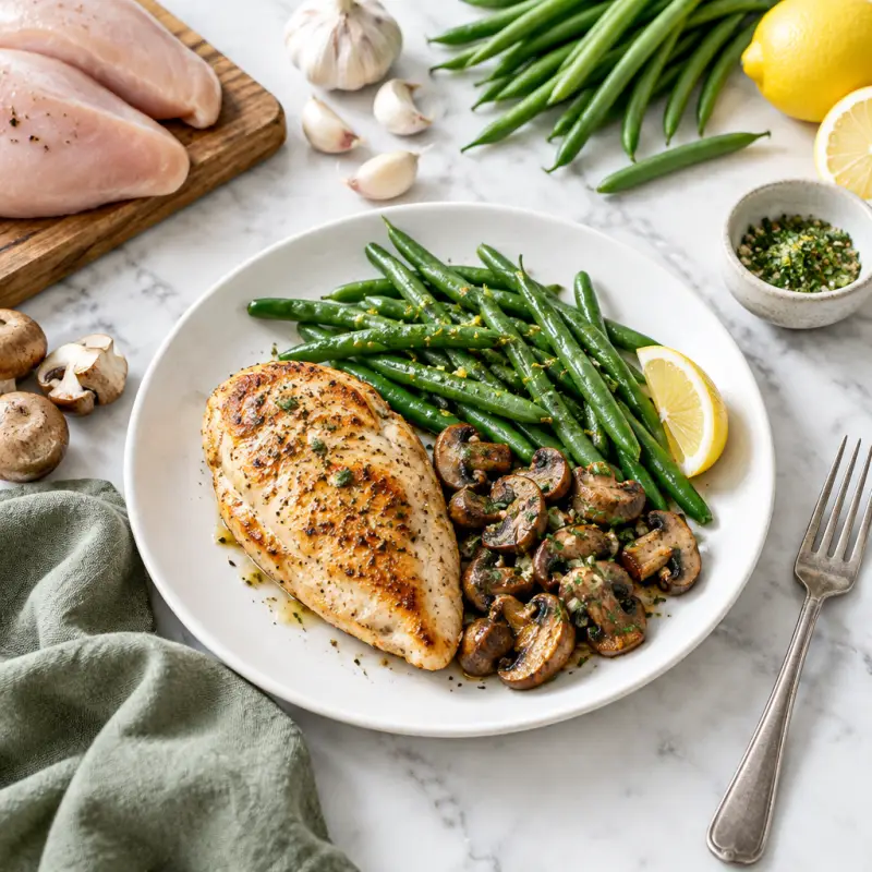 Seared Chicken Breast with Green Beans & Sautéed Mushrooms, plated