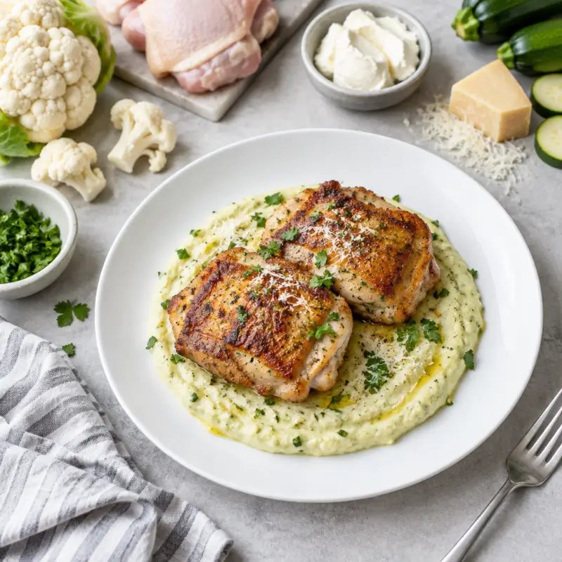 Seared Chicken Thighs with Creamy Zucchini and Cauliflower Purée, plated