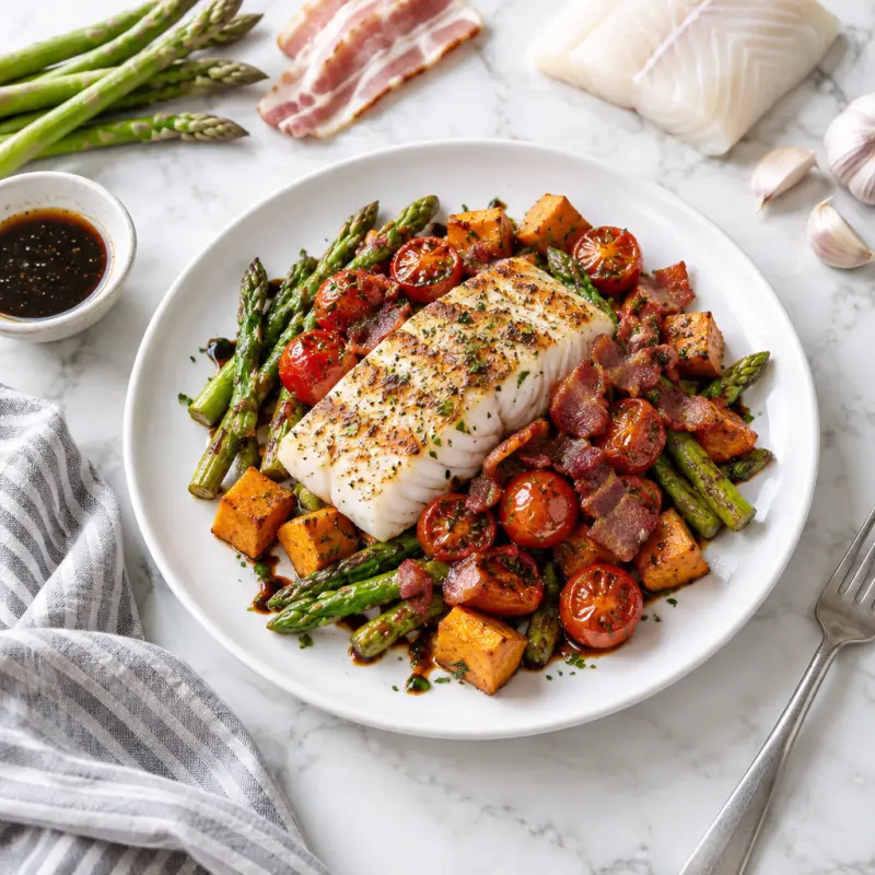 Seared Cod with Bacon-Balsamic Tomatoes, Asparagus & Sweet Potatoes, plated