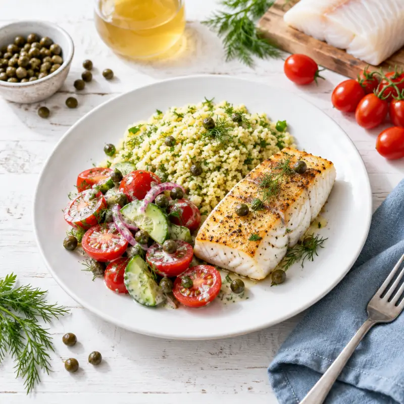Seared Cod with Dill-Scented Couscous & Caper Ranch Veggie Salad, plated