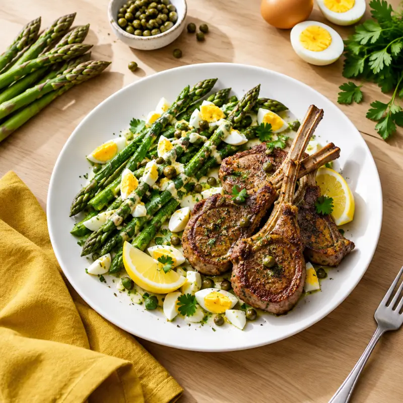 Seared Lamb Chops with French-Dressed Asparagus, Chopped Egg & Lemon, plated