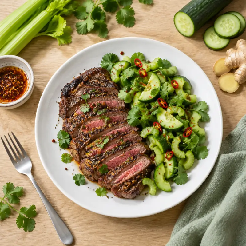 Seared NY Strip with Spicy Celery, Cucumber & Cilantro "Tiger Salad", plated