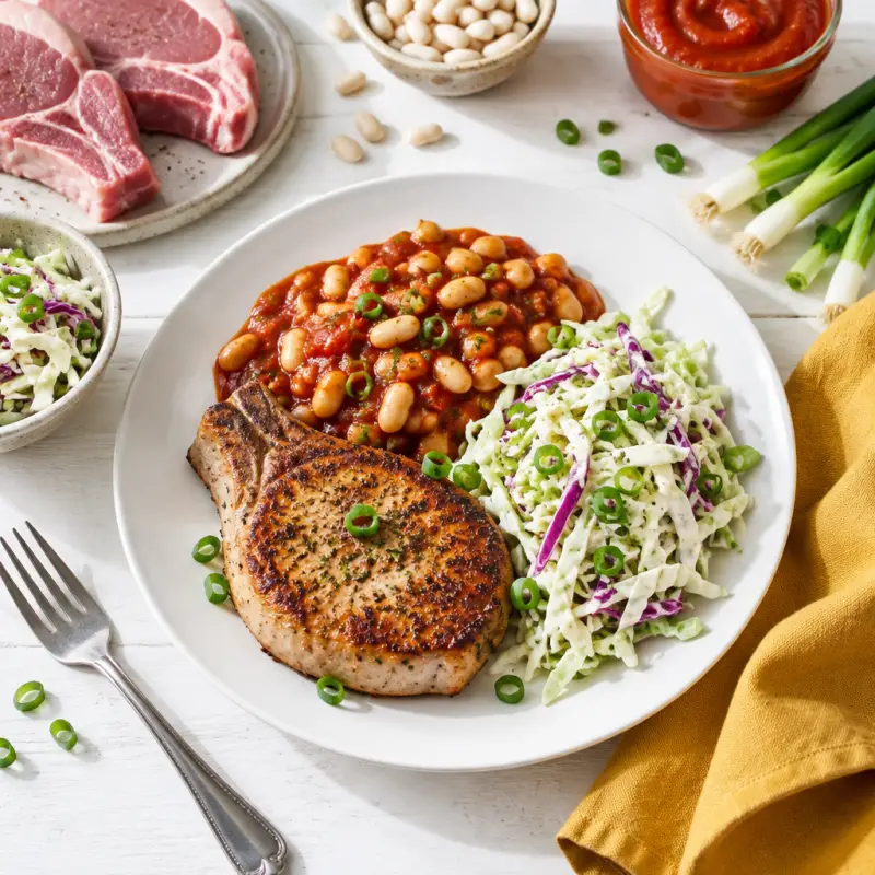Seared Pork Chop with BBQ Beans & Green Onion-Ranch Cabbage Slaw, plated