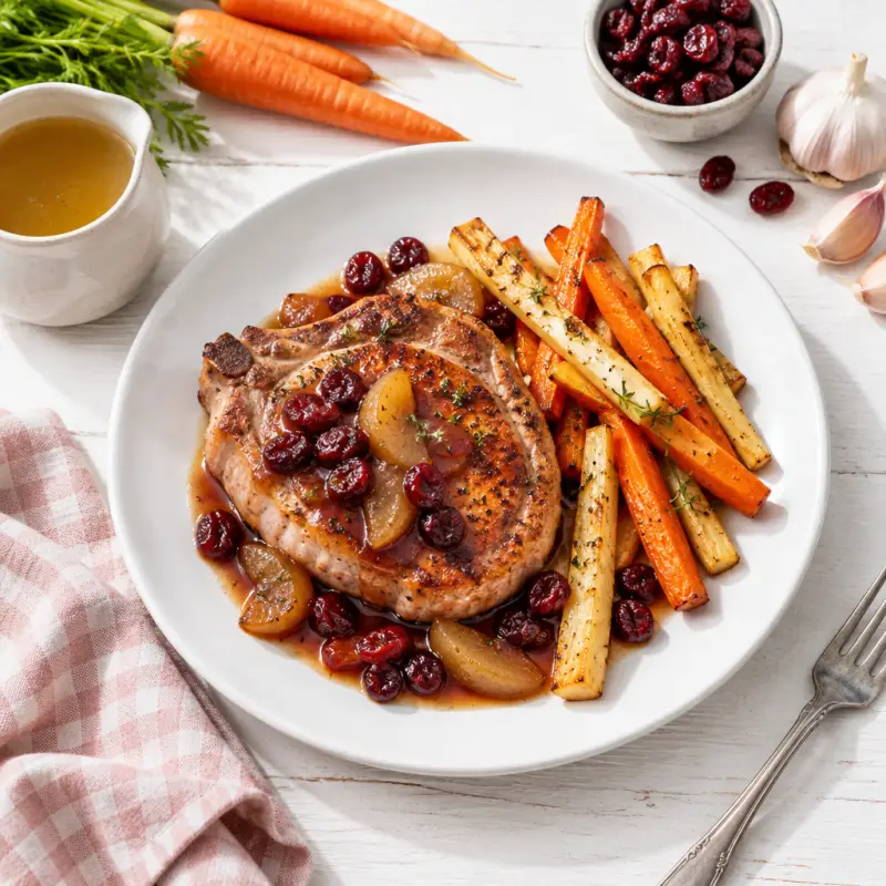 Seared Pork Chop with Cranberry-Pear Pan Sauce, Parsnips & Carrots, plated