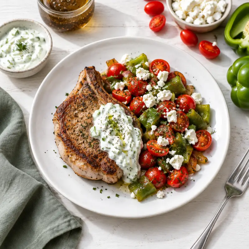 Seared Pork Chop with Tzatziki, Bell Pepper-Tomato Medley & Feta, plated
