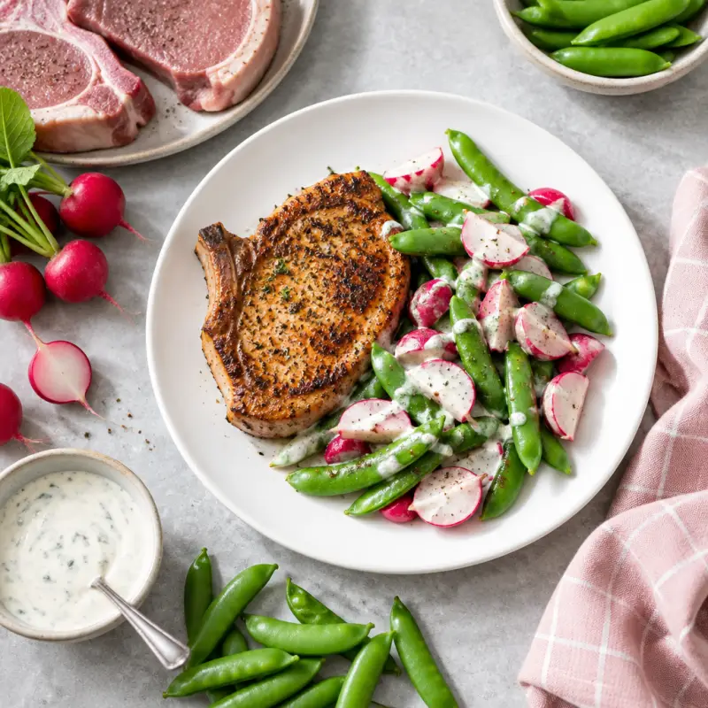 Seared Pork Chop with Warm Ranch-Tossed Radishes & Snap Peas, plated