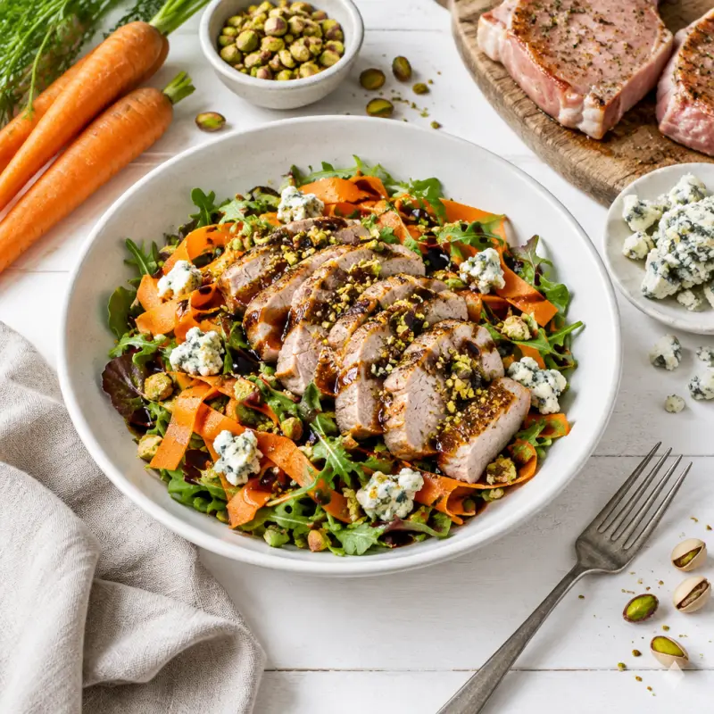 Seared Pork Salad with Carrots, Blue Cheese, Pistachios & Balsamic, plated