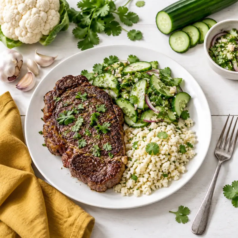 Seared Ribeye with Ginger-Cilantro Cucumber Salad & Cauliflower Rice, plated