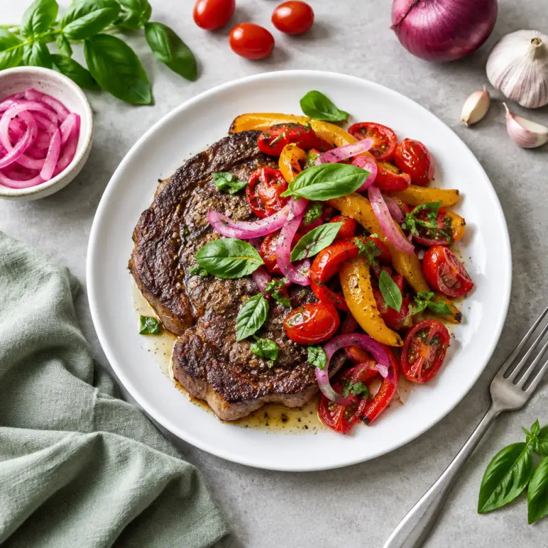 Seared Ribeye with Roasted Peppers, Tomatoes, Pickled Onions & Basil, plated