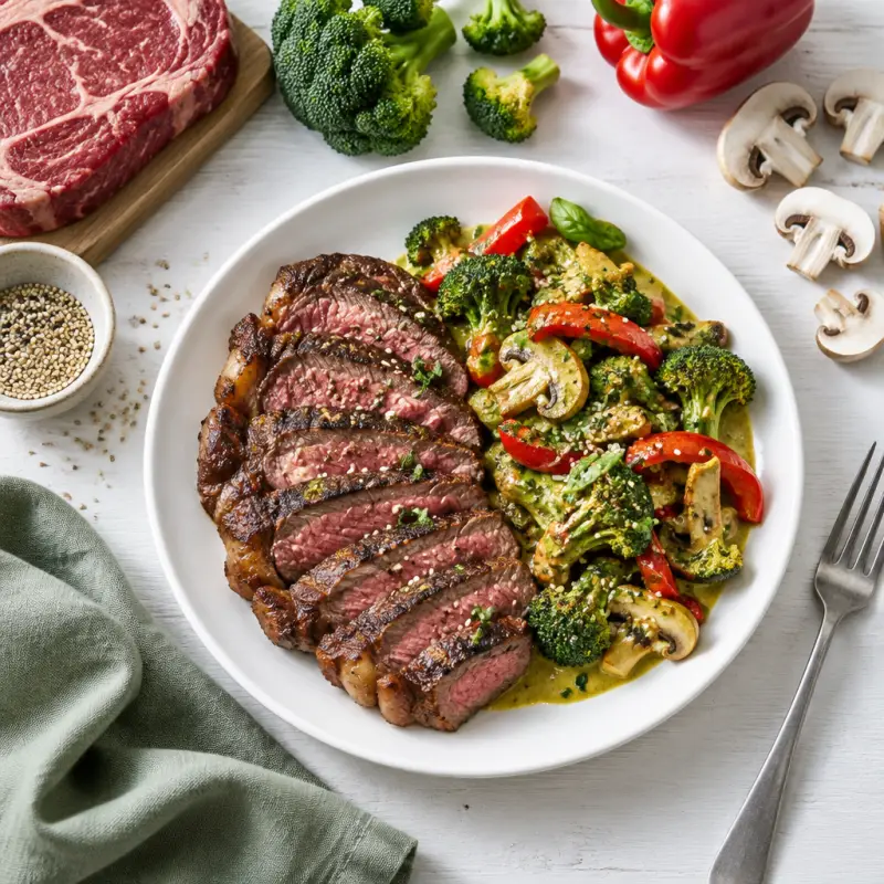 Seared Ribeye & Roasted Thai Green Curry Veggies with Sesame Seeds, plated