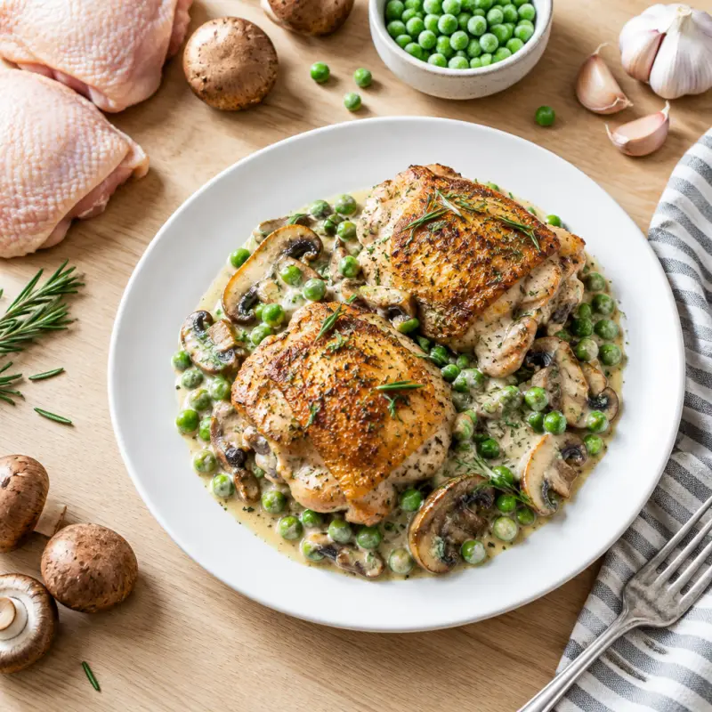 Seared Rosemary Chicken Thighs with Creamy Mushrooms & Peas, plated