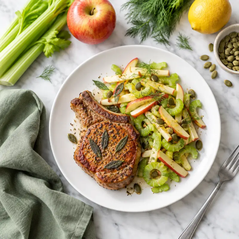 Seared Sage Pork Chop with Crunchy Apple, Celery & Pumpkin Seed Salad, plated