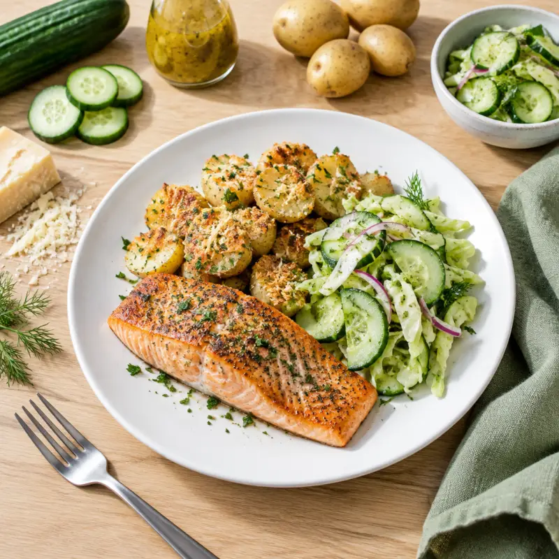 Seared Salmon with Parmesan Crusted Potatoes & Cabbage-Cucumber Salad, plated