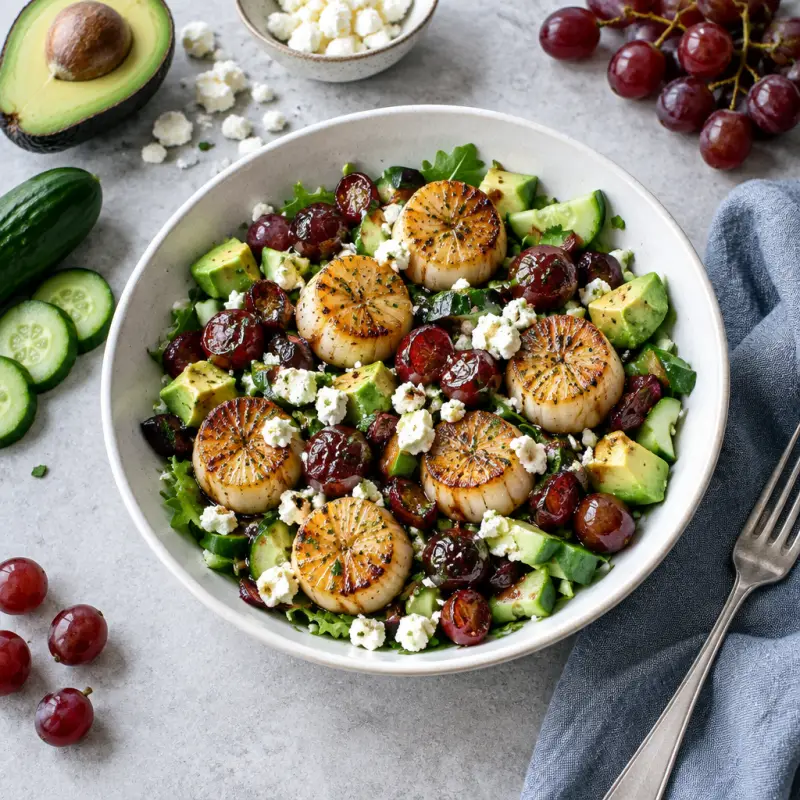 Seared Scallop Salad with Balsamic Roasted Grapes, Avocado & Feta, plated