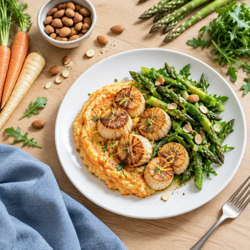 Seared Scallops with Carrot-Parsnip Mash & Arugula Asparagus Salad, plated
