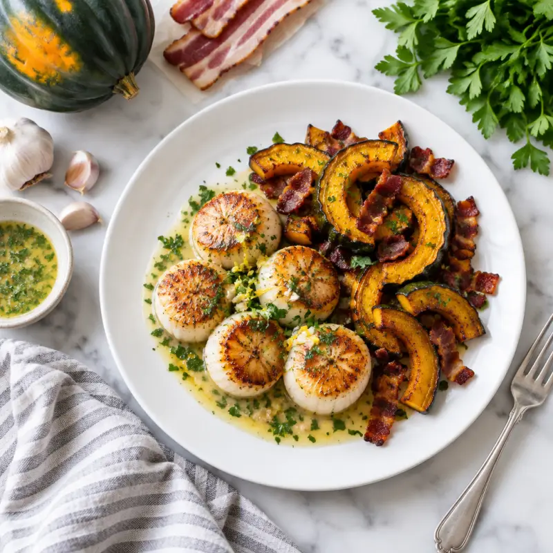 Seared Scallops with Lemon Parsley Sauce & Bacon-Roasted Acorn Squash, plated