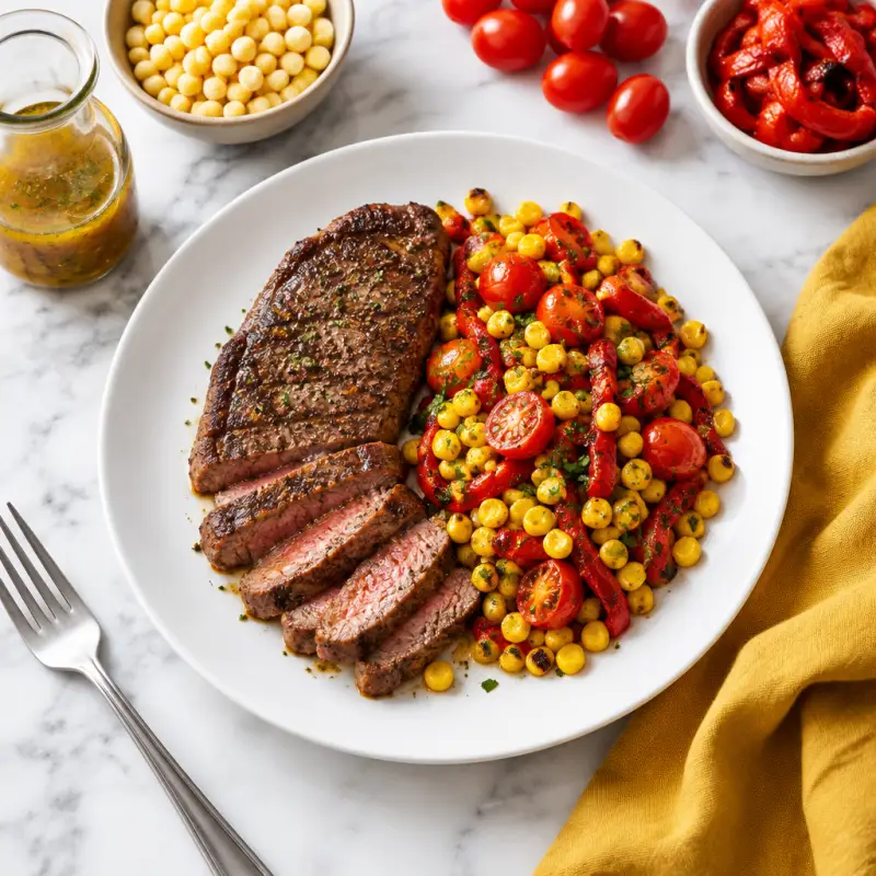 Seared Strip Steak with Cajun Corn, Tomato & Roasted Red Pepper Sauté, plated