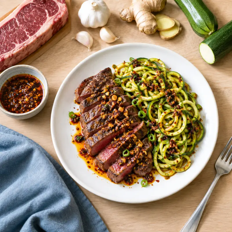 Seared Strip Steak with Crunchy Zucchini Noodles & Sizzling Chili Oil, plated