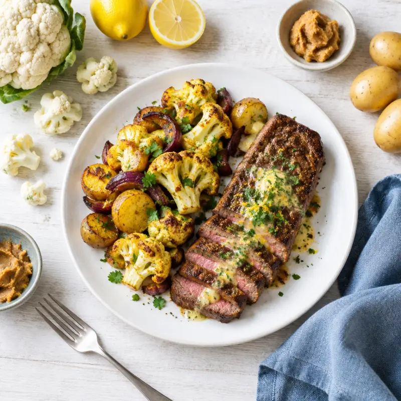 Seared Strip Steak with Lemon-Miso Butter & Curry Roasted Vegetables, plated