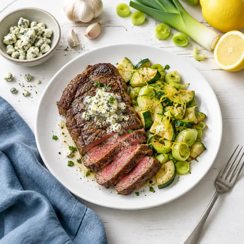 Seared Striploin with Blue Cheese Butter & Lemony Zucchini-Leek Sauté, plated