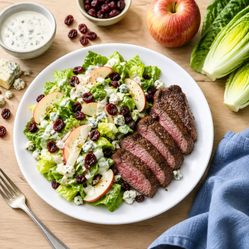 Seared Striploin Steak with Apple, Cranberry & Blue Cheese Salad, plated