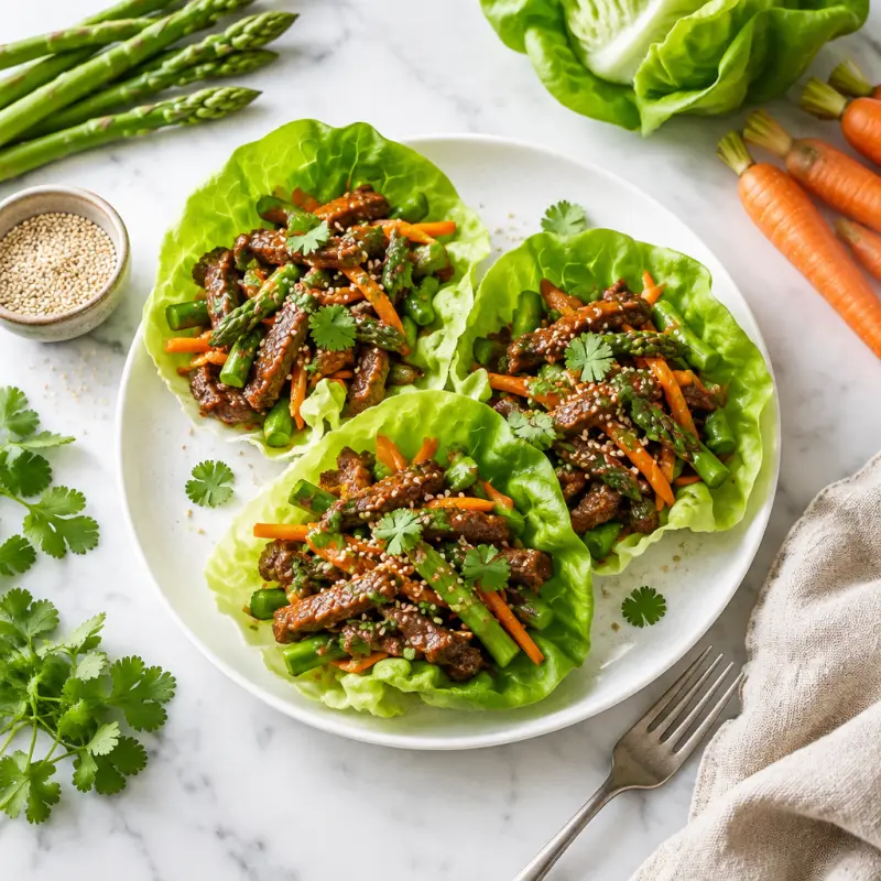 Sesame Beef, Asparagus & Carrot Lettuce Wraps with Cilantro, plated