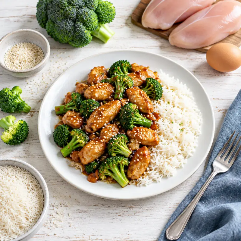 Sesame Chicken & Broccoli with Basmati Rice, plated