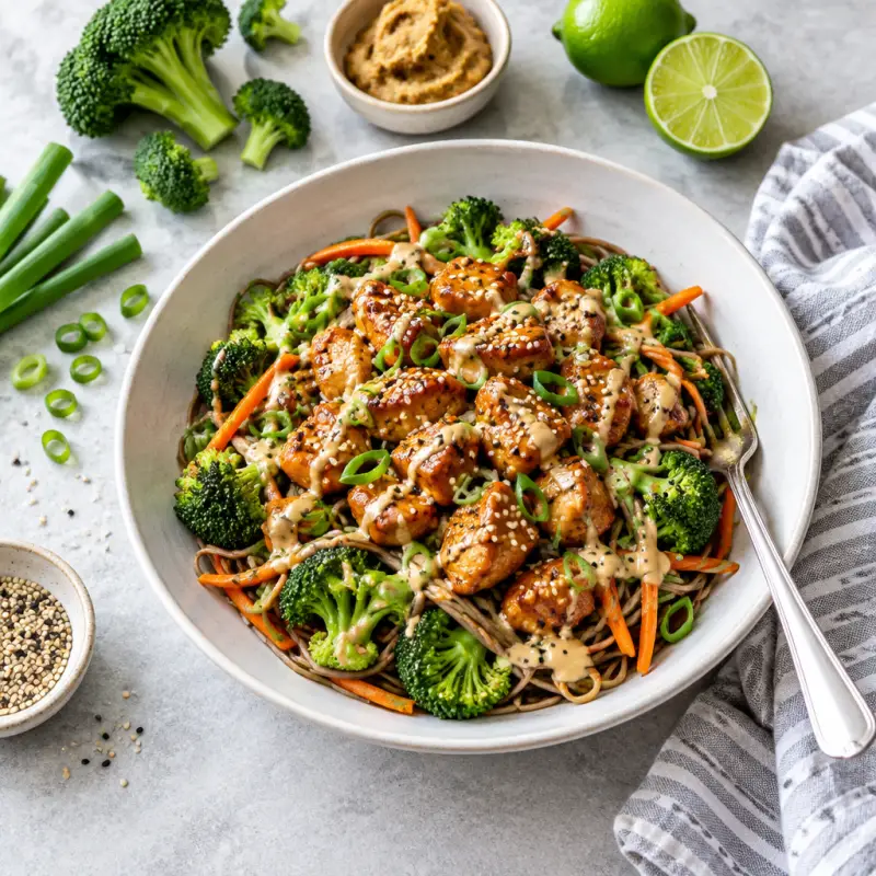 Sesame Chicken Soba Noodle Bowl with Broccoli, Carrots & Miso Dressing, plated