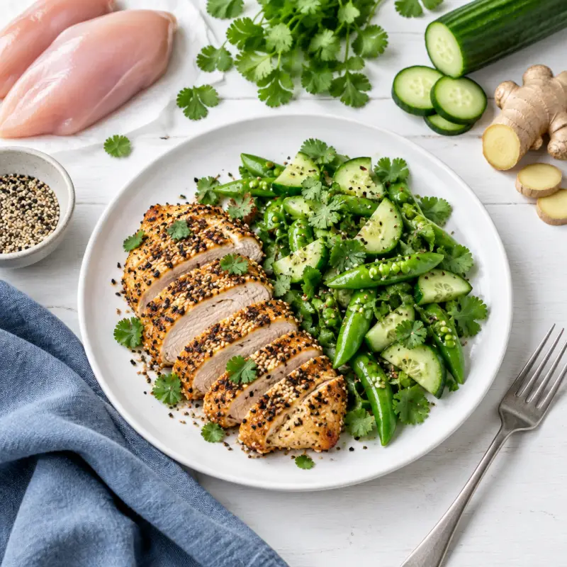 Sesame Crusted Chicken with Snap Pea, Cucumber & Cilantro Salad, plated