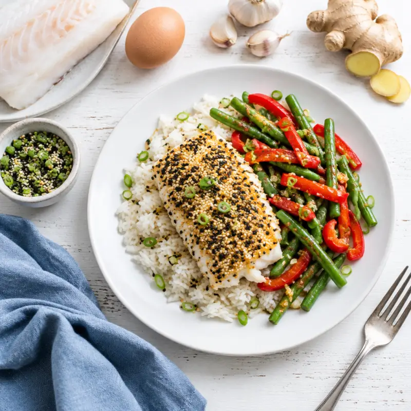 Sesame Crusted Cod with Green Bean-Bell Pepper Sauté & Rice, plated