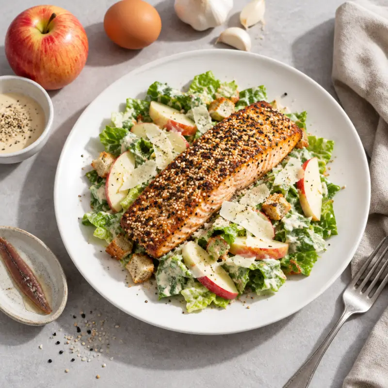 Sesame Encrusted Salmon over Tahini-Parmesan Caesar Salad with Apple, plated