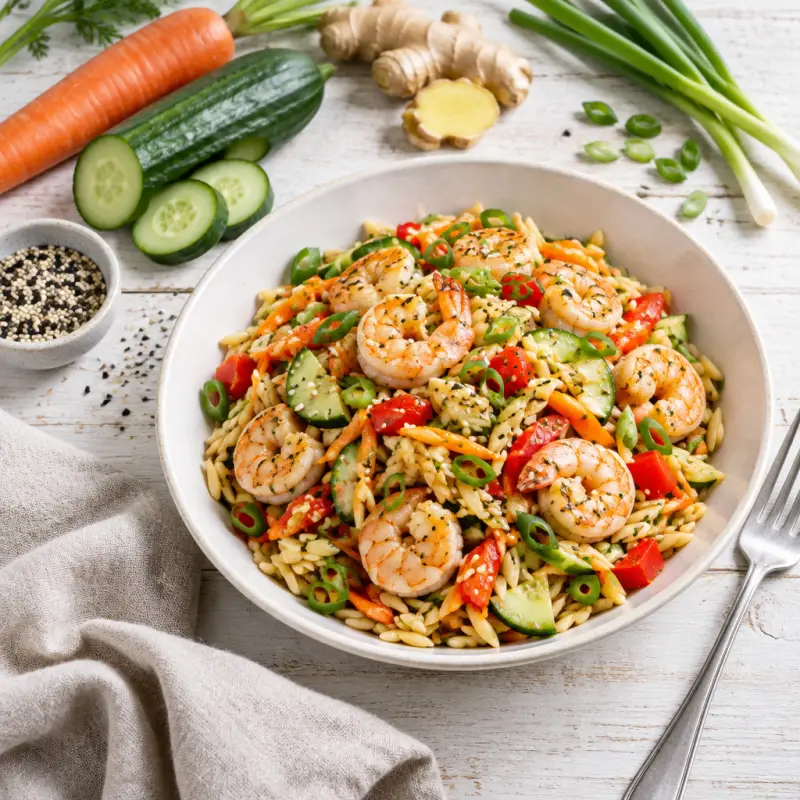 Sesame-Ginger Orzo Pasta Salad with Shrimp, Carrot & Bell Pepper, plated