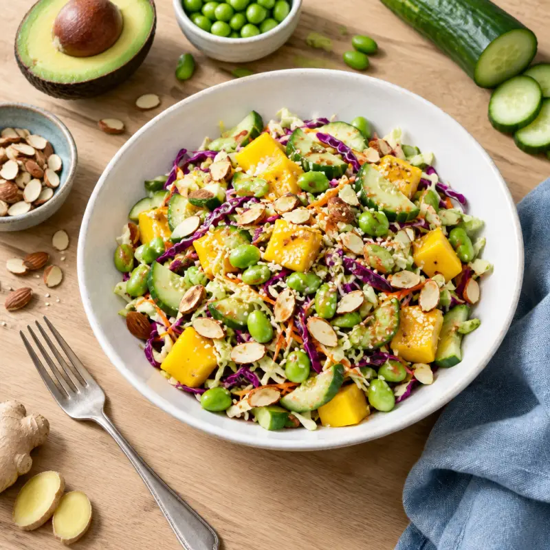 Sesame-Ginger Tossed Salad with Edamame, Mango, Cabbage & Almonds, plated