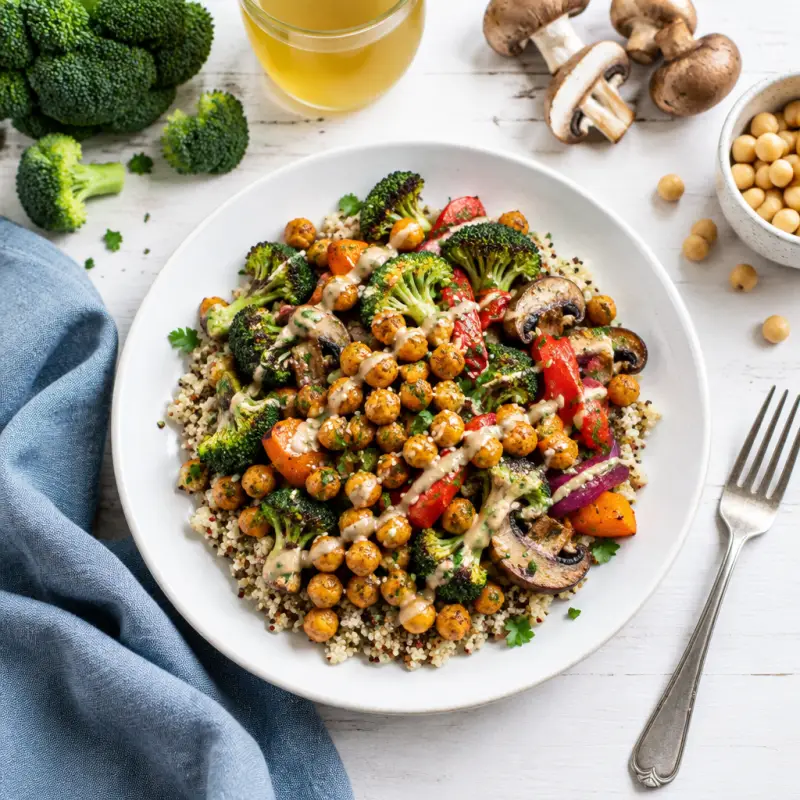 Sesame Roasted Chickpea & Veggie Bowl with Quinoa, plated