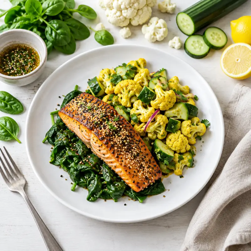 Sesame Salmon over Warm Spinach, Curried Cauliflower & Cucumber Salad, plated