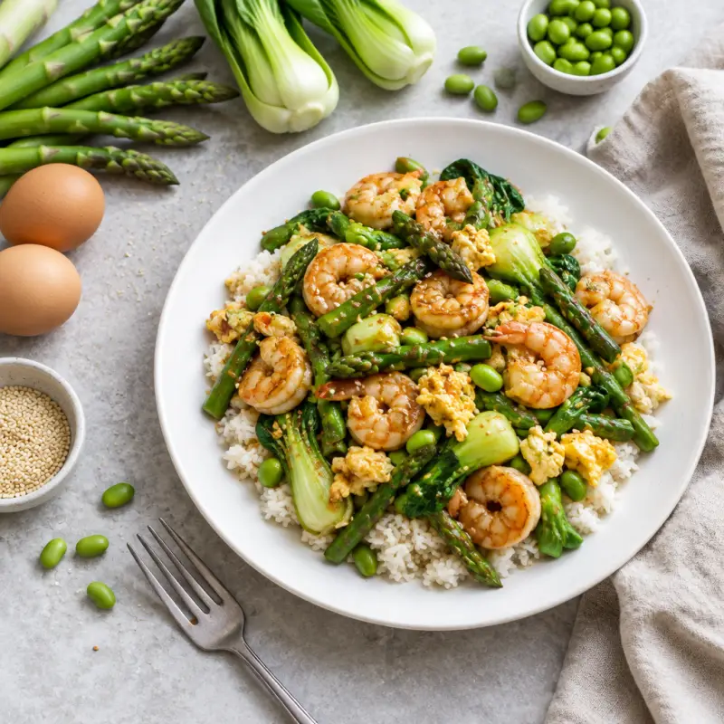 Sesame Shrimp Stir-Fry with Egg, Asparagus, Bok Choy, Edamame & Rice, plated
