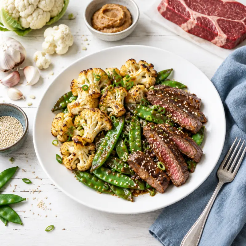 Sesame Steak & Snap Pea Stir-Fry with Roasted Miso Cauliflower, plated