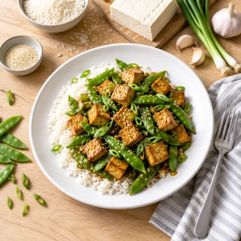 Sesame Tofu & Snap Pea Stir-Fry with Basmati Rice, plated