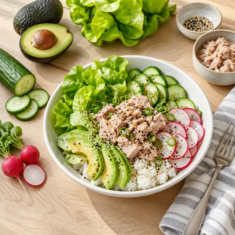 Sesame Tuna Rice Bowl with Lettuce, Cucumber, Radish & Avocado, plated