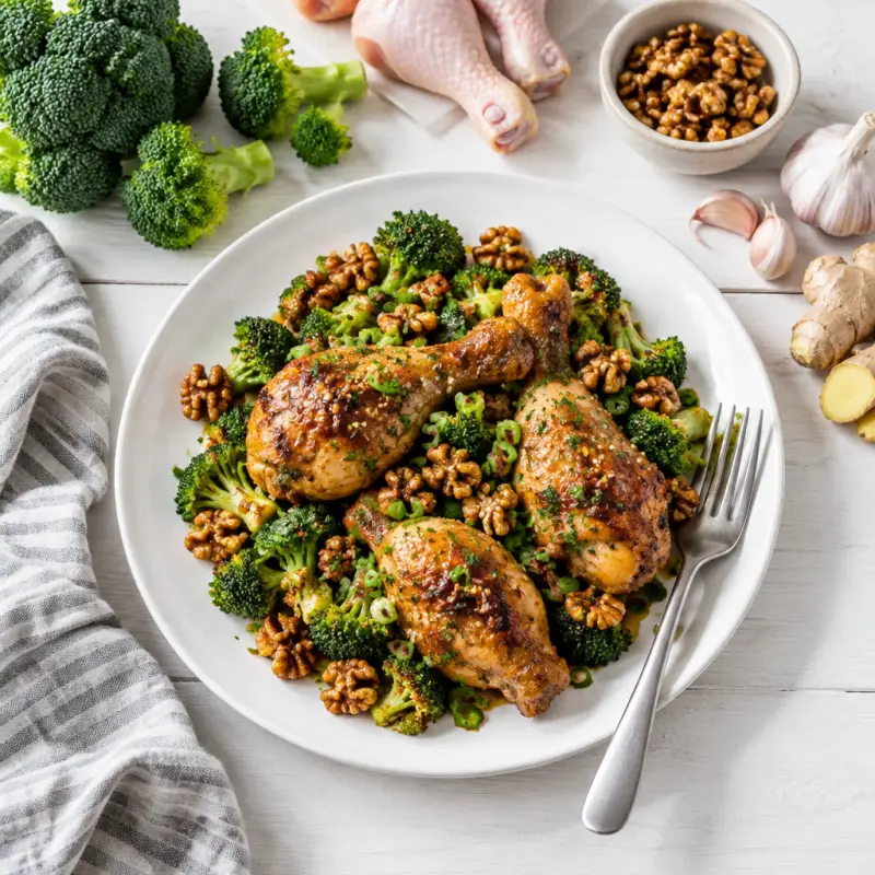Sheet Pan Asian Chicken Drumsticks with Broccoli & Spiced Walnuts, plated