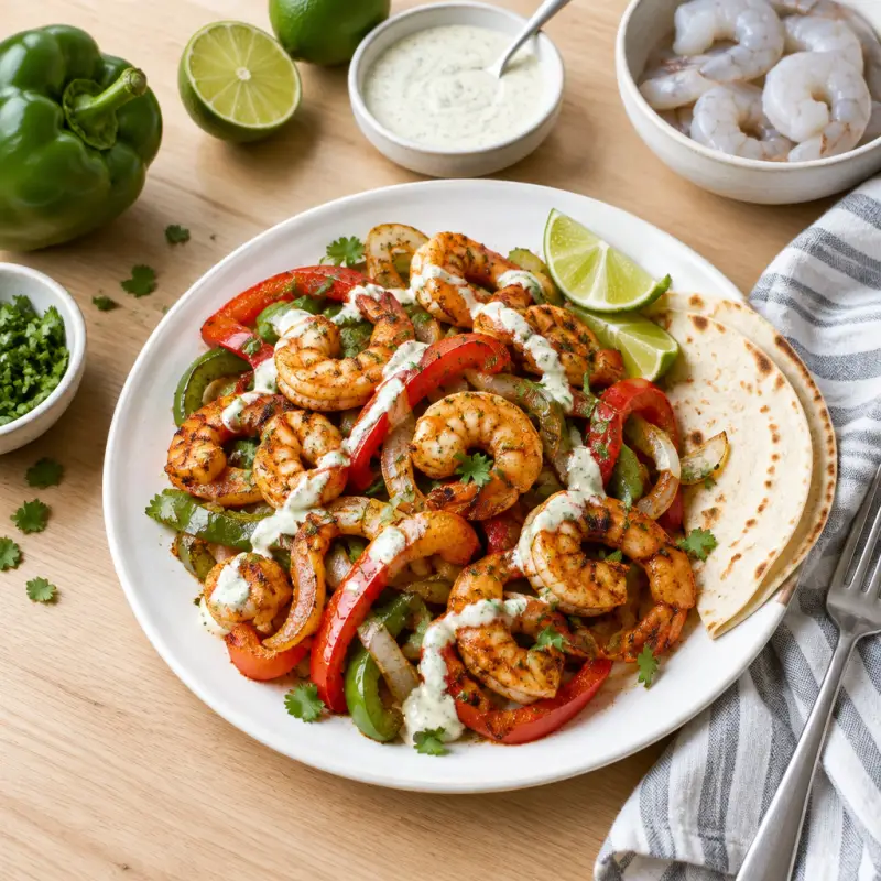 Sheet Pan Cajun Shrimp Fajitas with Bell Pepper, Onion & Spicy Ranch, plated