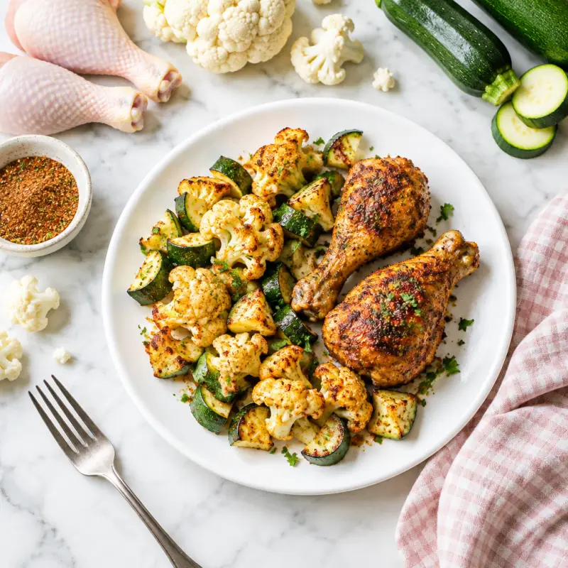 Sheet Pan Cajun-Spiced Drumsticks with Zucchini & Cauliflower, plated