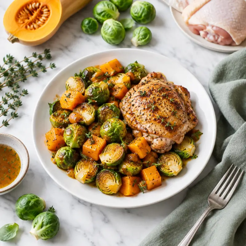 Sheet Pan Chicken with Maple-Thyme Squash & Brussels Sprouts, plated