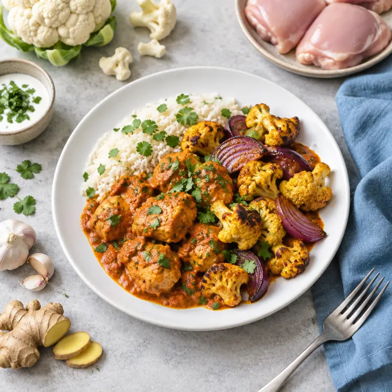Sheet Pan Chicken Tikka Masala with Roasted Cauliflower & Red Onion, plated