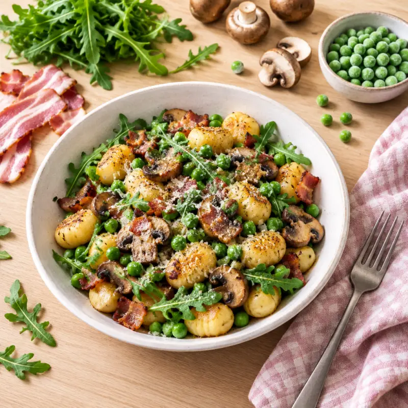 Sheet Pan Gnocchi Bake with Bacon, Mushrooms, Arugula & Green Peas, plated