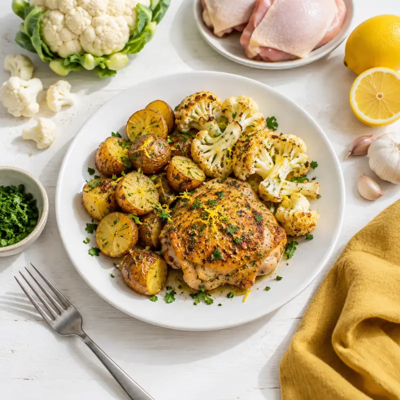 Sheet Pan Lemony Chicken & Potatoes, plated