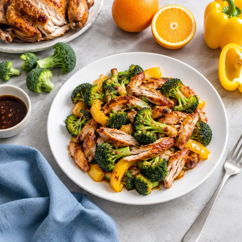 Sheet Pan Orange-Hoisin Rotisserie Chicken with Broccoli & Bell Pepper, plated